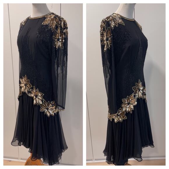 Vintage 90s Dress Sequin Beaded Party Cocktail Formals Red Carpet Black Gold s/6 - Picture 2 of 14